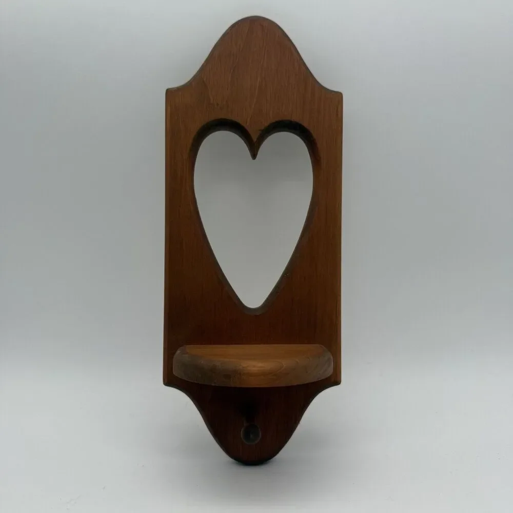 Vtg Wood Wall Sconce Heart Cutout Shelf Peg Wood Cottage Country Granny Core